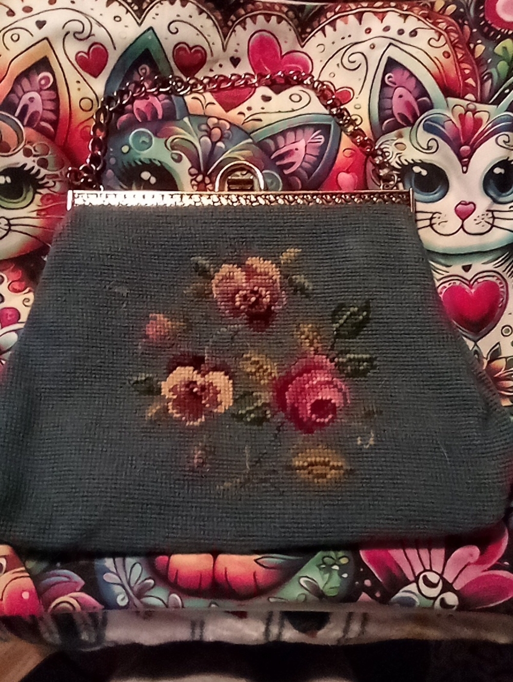 Vintage Floral Needlepoint Frame-Top Handbag in Teal